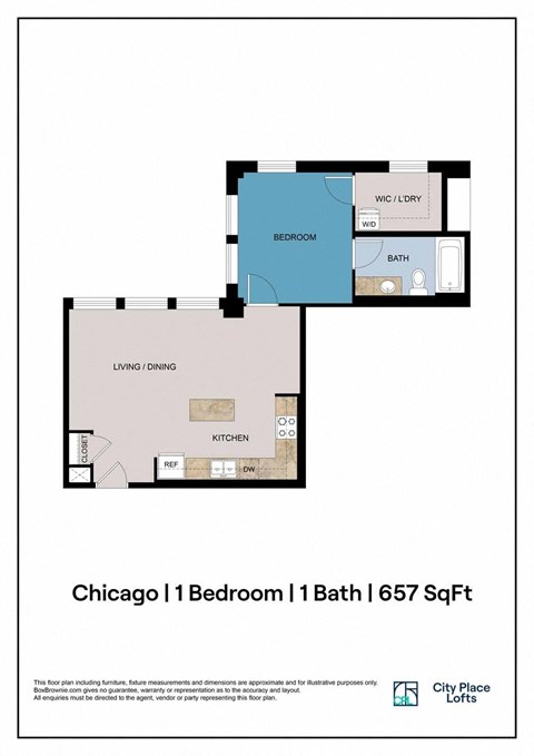 Floor plan for 1 bed, 1 bath, 657 sqft